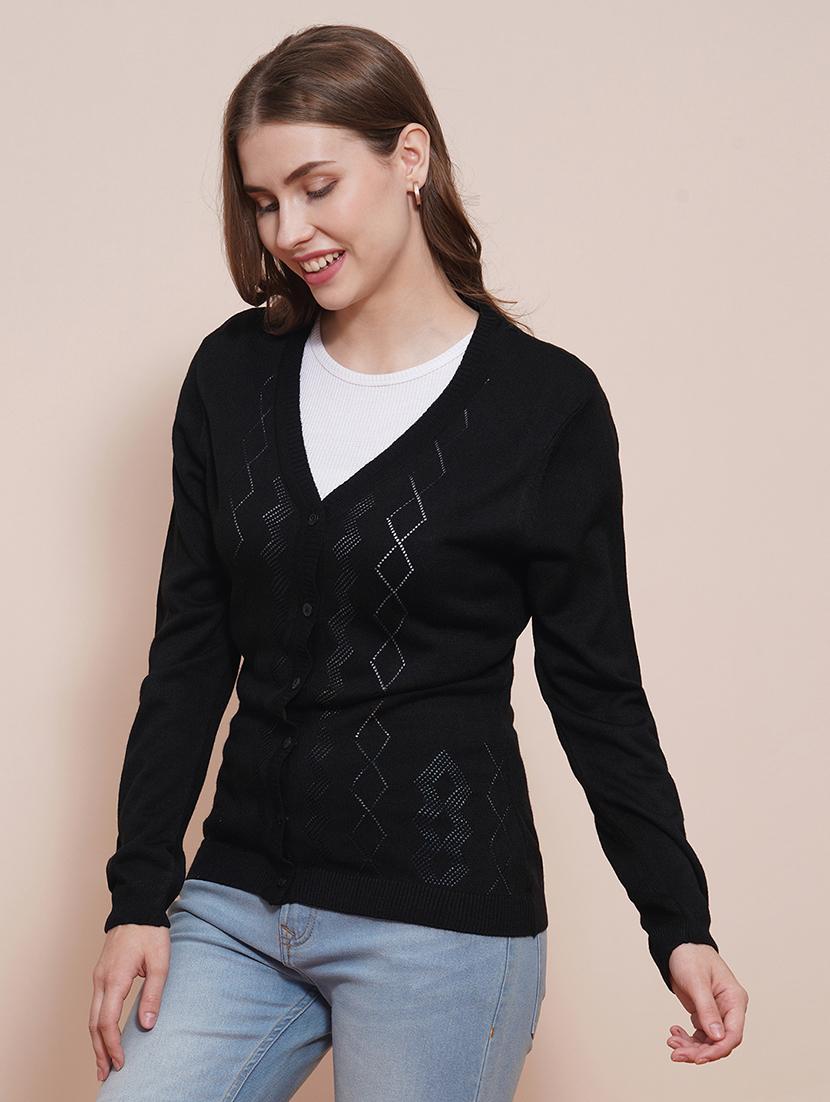 globus women black v-neck full sleeves self design ribbed hem cardigan sweater - 21661269 -  Zoom Image - 0