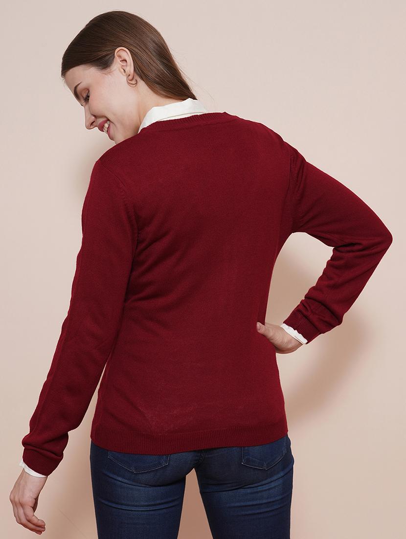 globus women maroon v-neck full sleeves self design ribbed hem cardigan sweater - 21661270 - Standard Image - 2