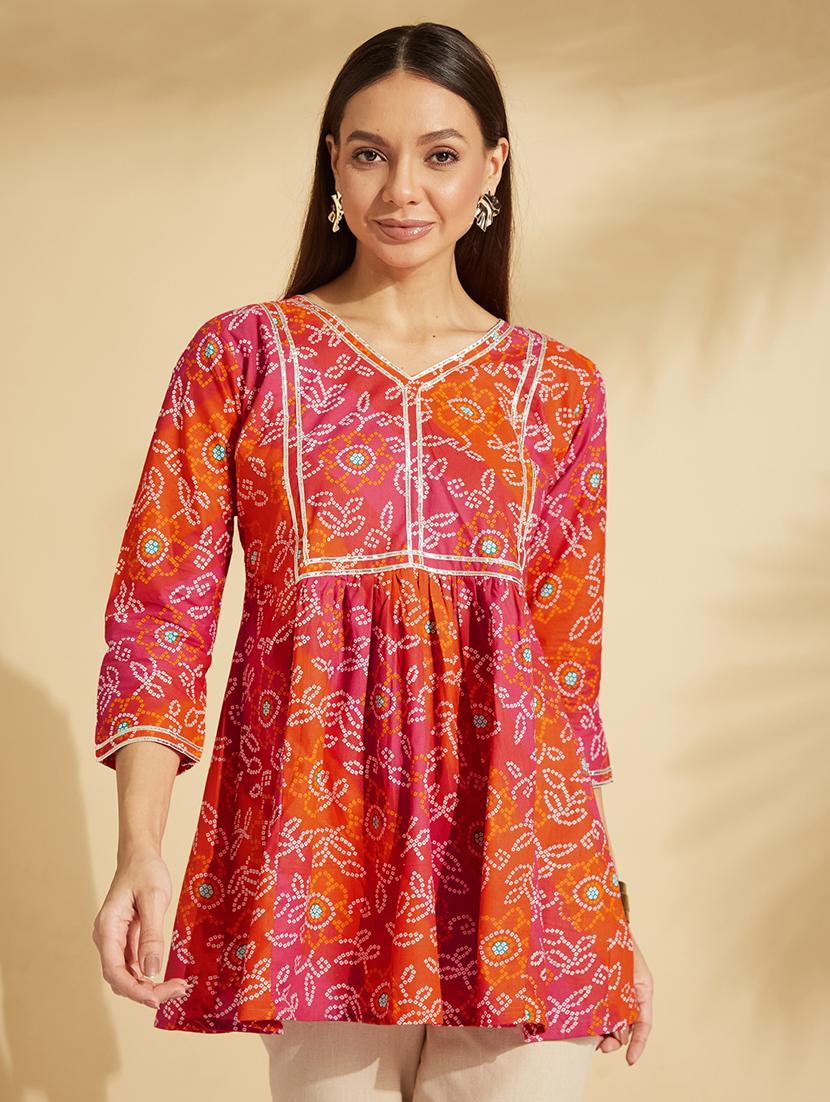 women bandhani v neck a-line kurti