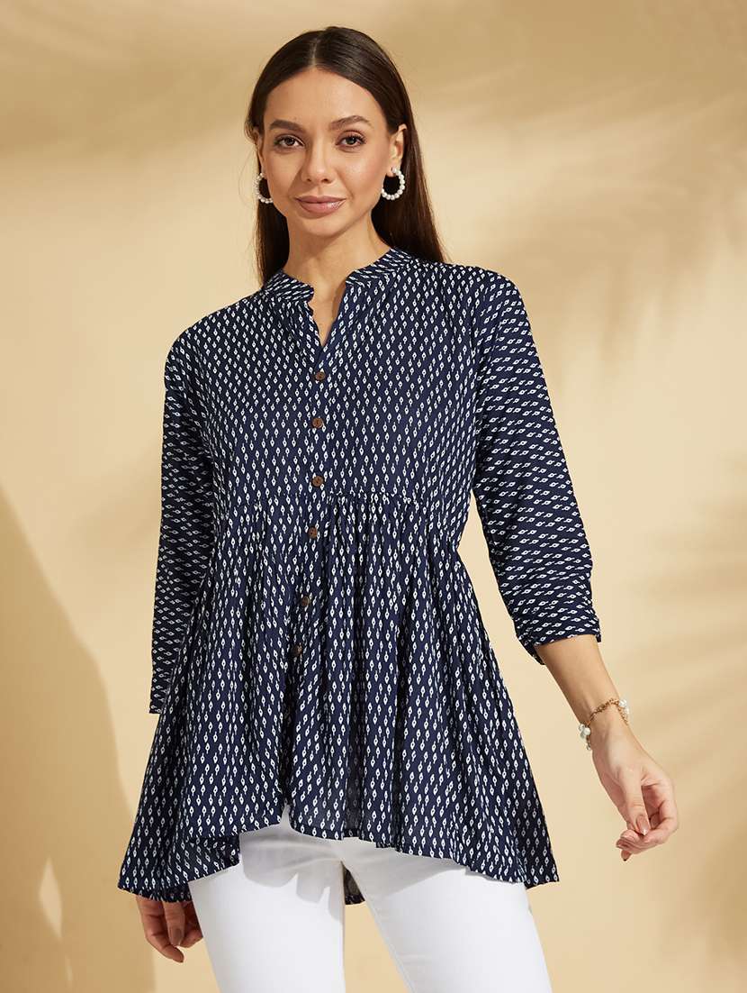 women navy blue printed a-line kurti