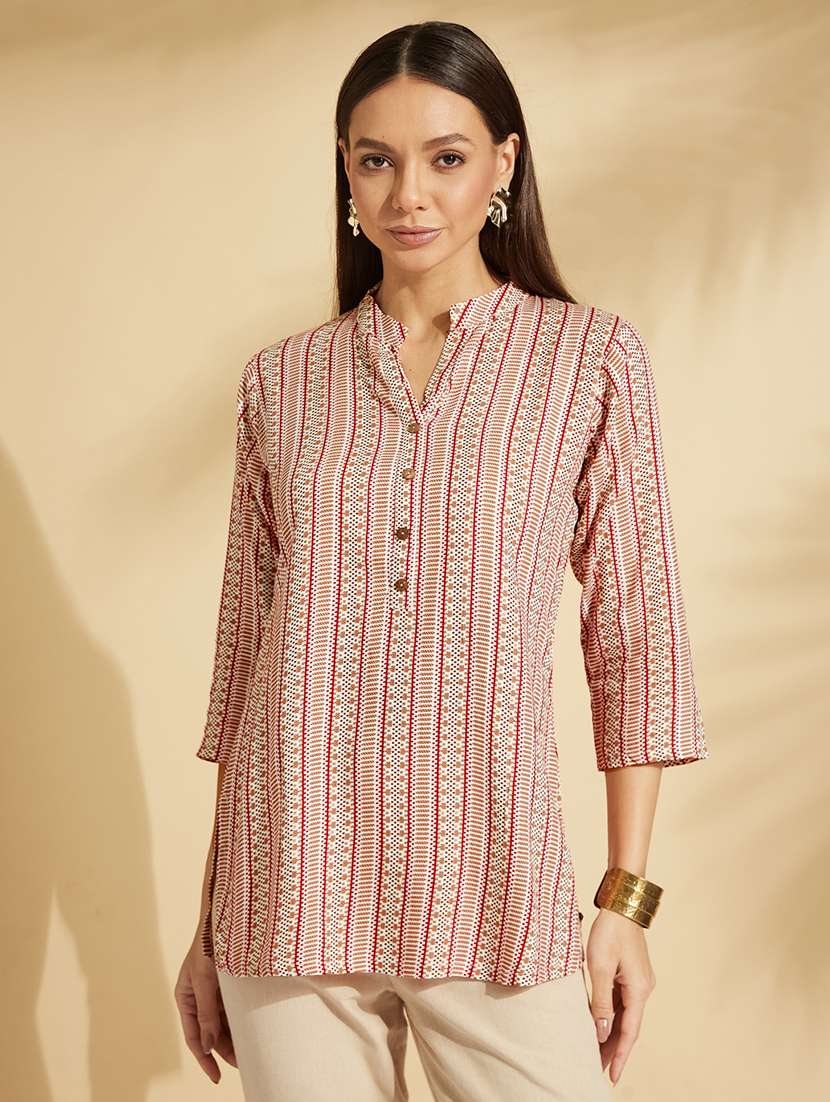 women peach printed straight kurti