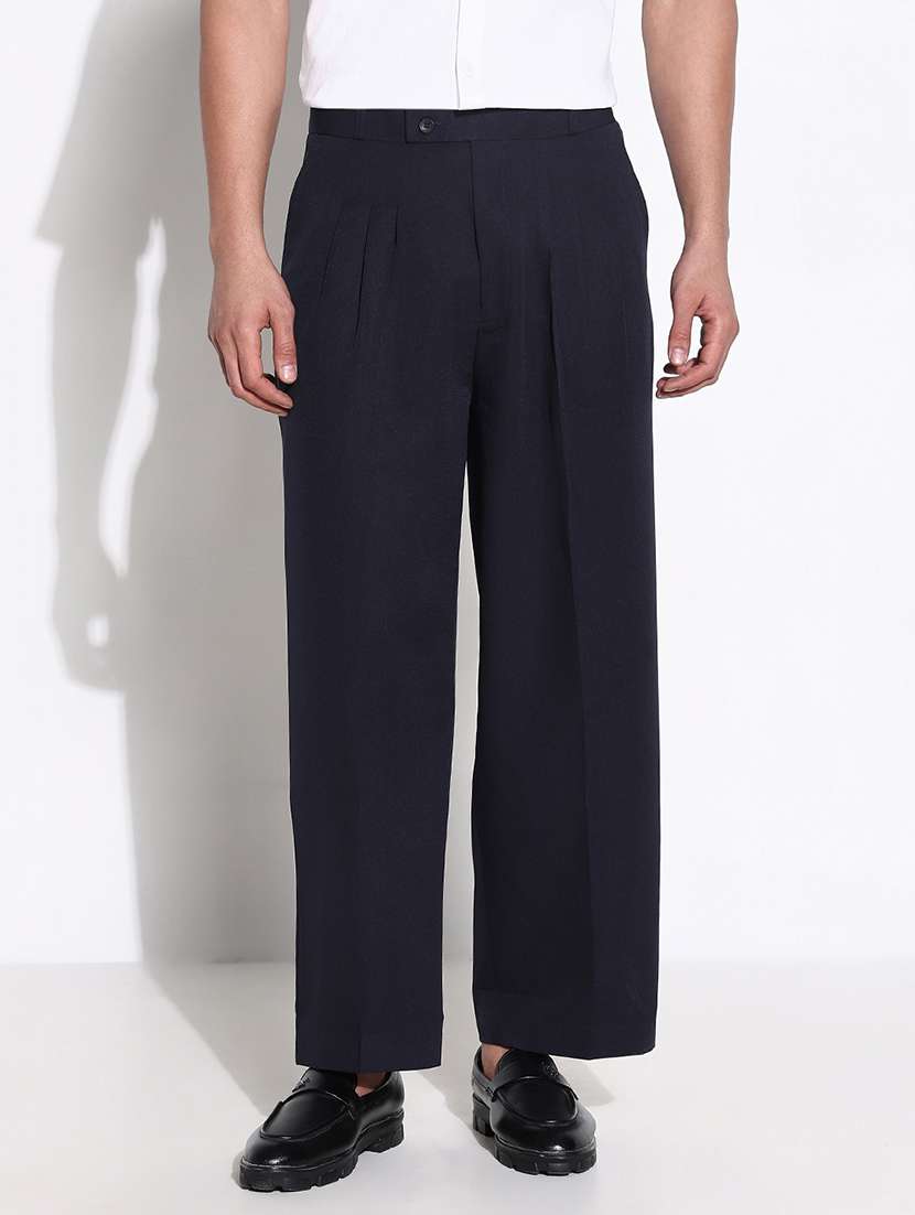 navy blue cotton blend pleated trousers formal
