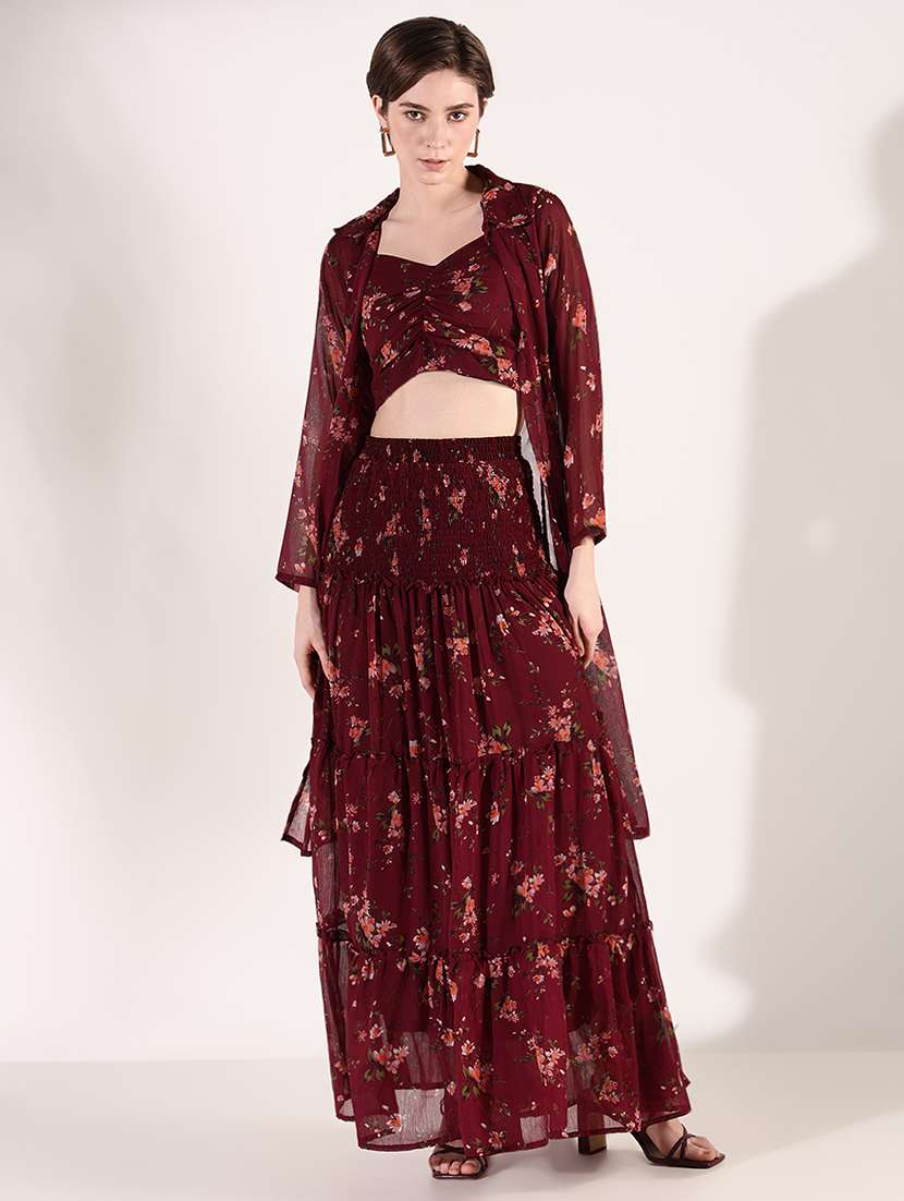women floral top and skirt co-ords set with shrug