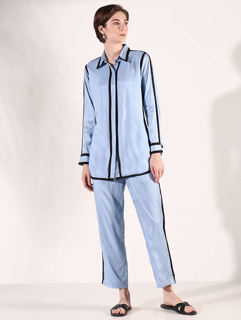 women solid shirt and trouser co-ords set
