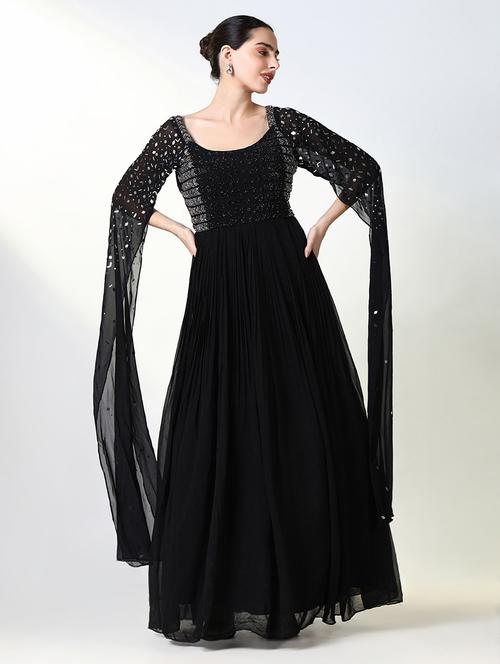 women black embellished round neck gown dress - 21661480 - Standard Image - 0