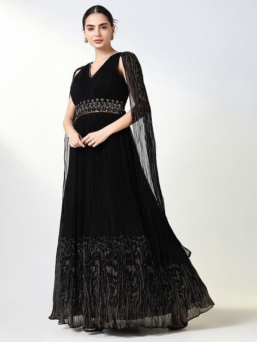 women black embellished v neck gown dress - 21661483 - Standard Image - 2
