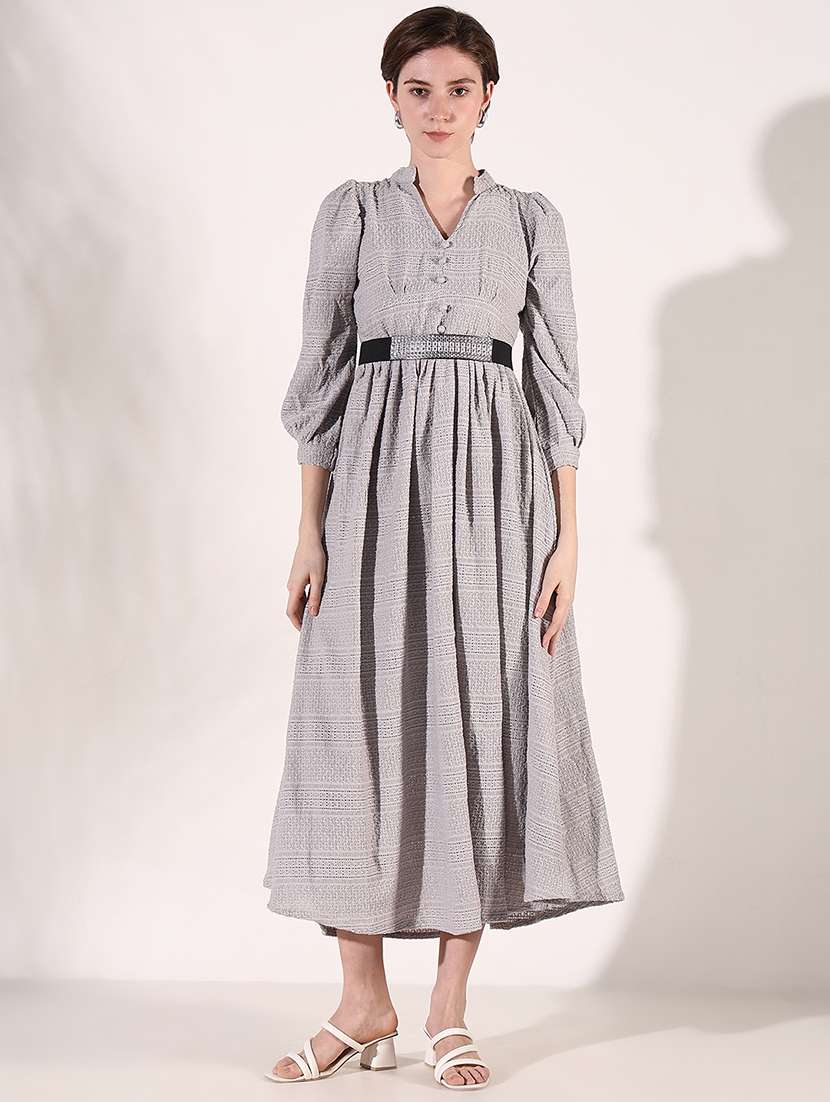 women grey self design fit & flare dress - 21661486 - Zoom Image - 0