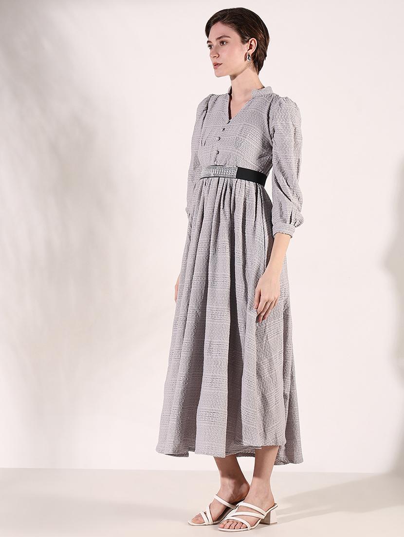 women grey self design fit & flare dress - 21661486 - Standard Image - 2