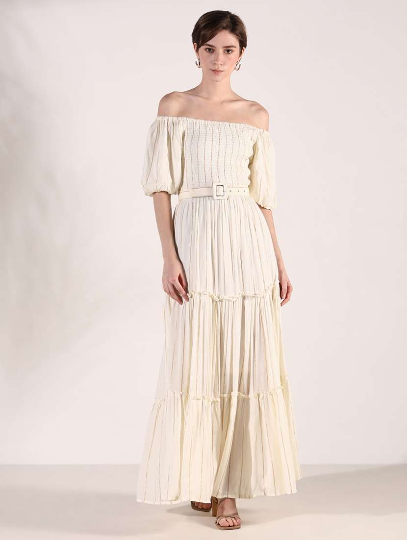 women cream stripes off shoulder neck tiered dress