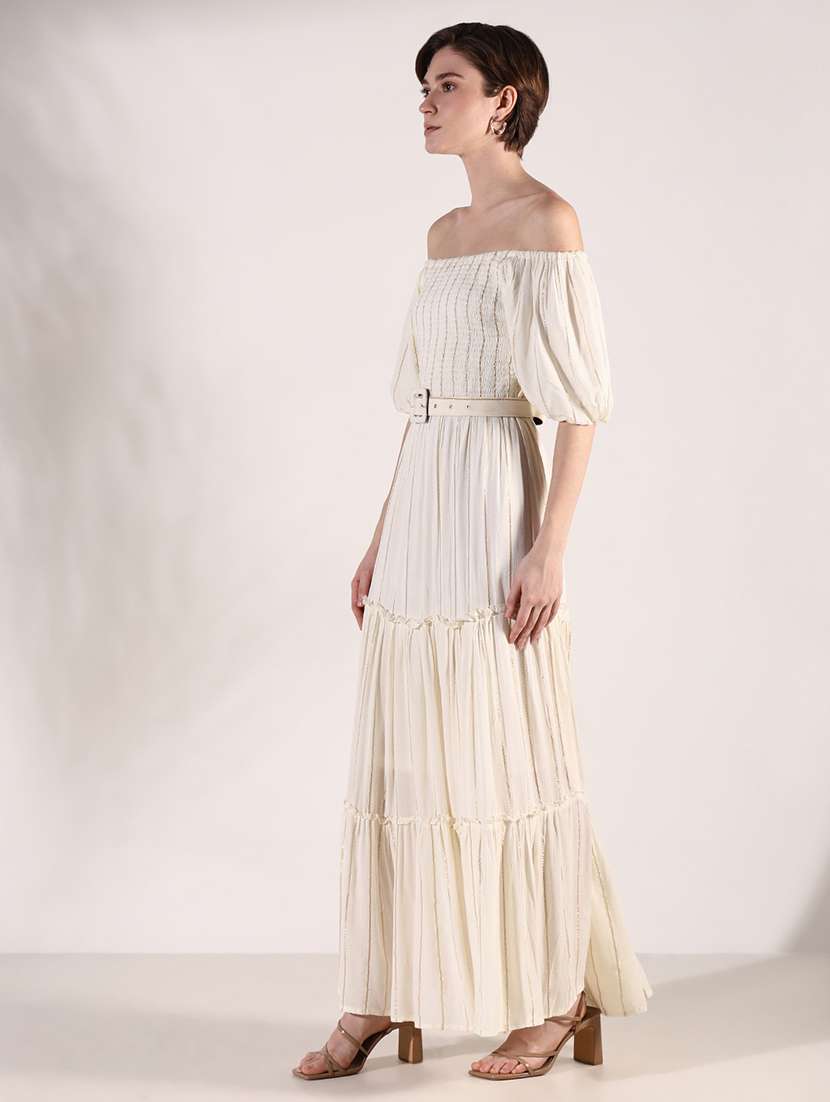 women cream stripes off shoulder neck tiered dress - 21661494 -  Standard Image - 2