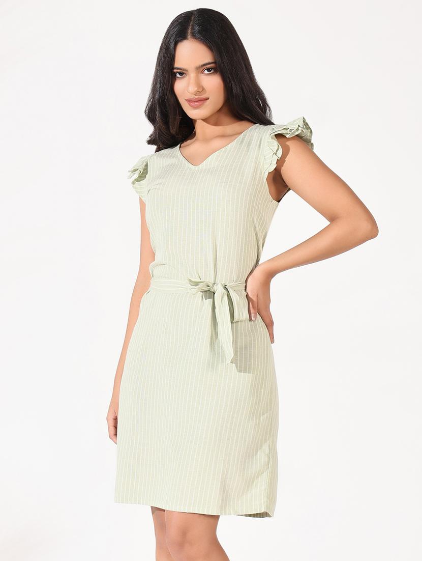 women stripes v neck a-line dress with belt - 21661500 - Standard Image - 2