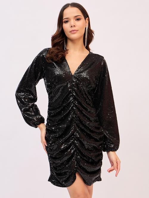 women black sequin work ruched dress - 21661508 - Standard Image - 0