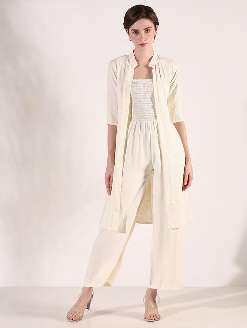 women solid shoulder strap jumpsuit with shrug - 21661524 - Standard Image - 0