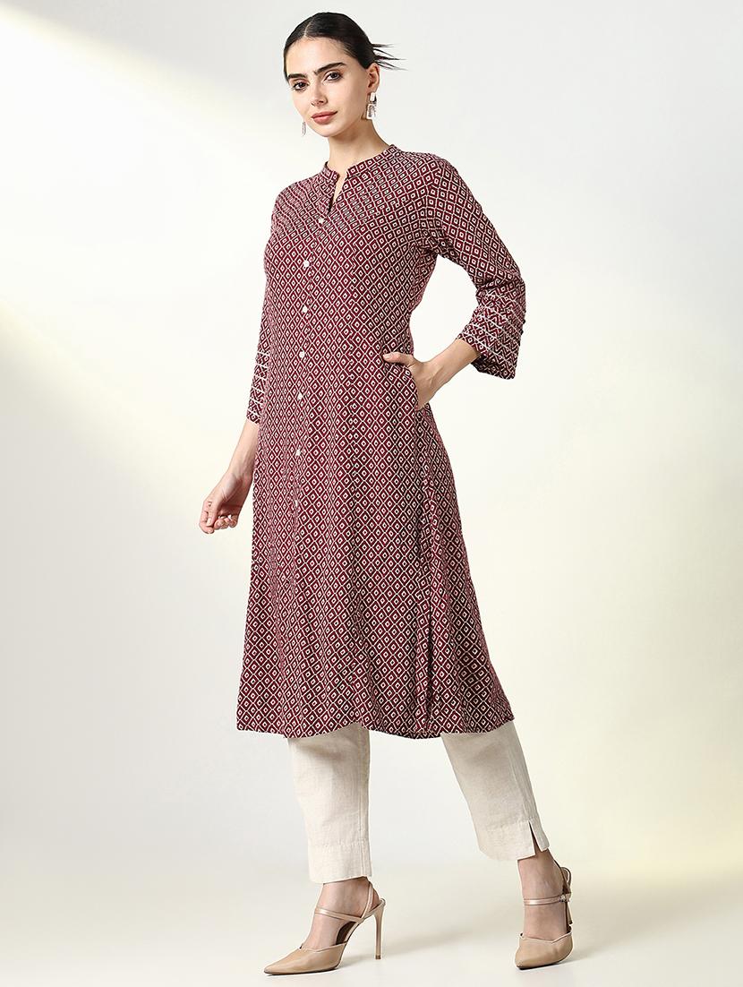 women maroon geometric printed a-line kurta - 21661526 - Standard Image - 2