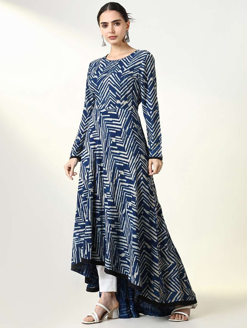 women navy blue printed long sleeve kurta with jacket - 21661529 -  Standard Image - 2