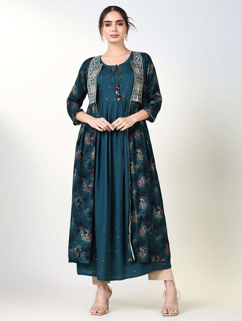 women teal three quarter sleeve kurta with jacket