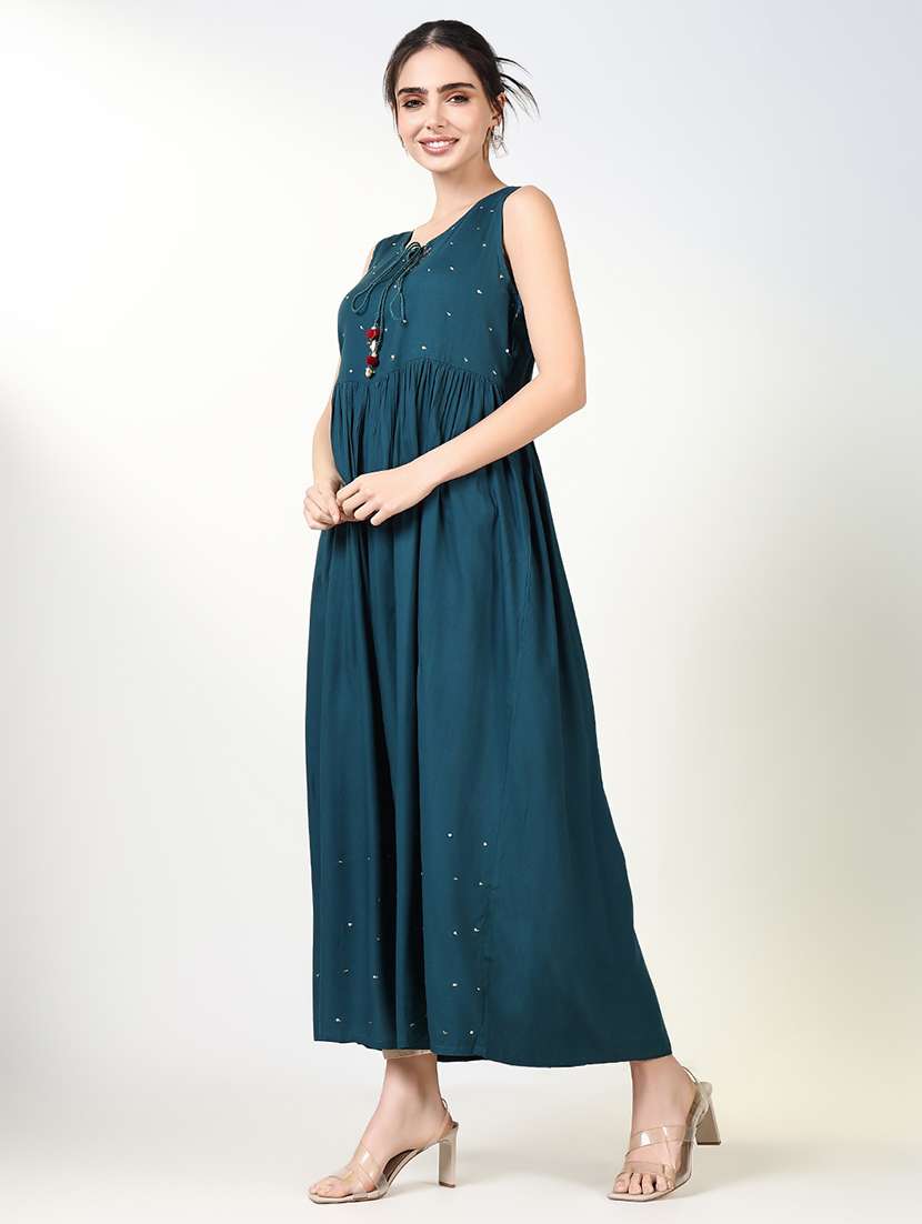 women teal three quarter sleeve kurta with jacket - 21661530 - Standard Image - 2