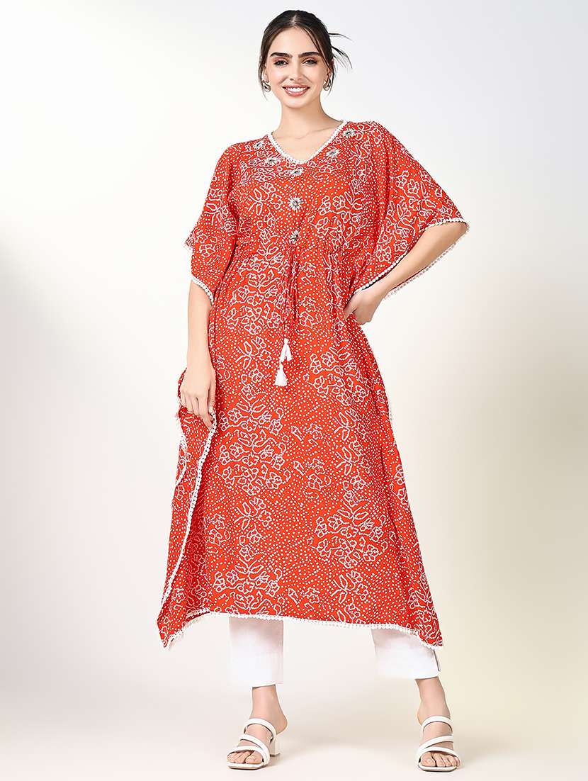 women orange printed kaftan kurta
