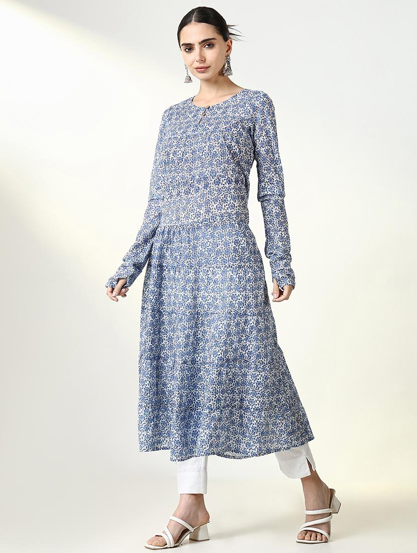 women blue floral long sleeve anarkali kurta - 21661540 - Standard Image - 2