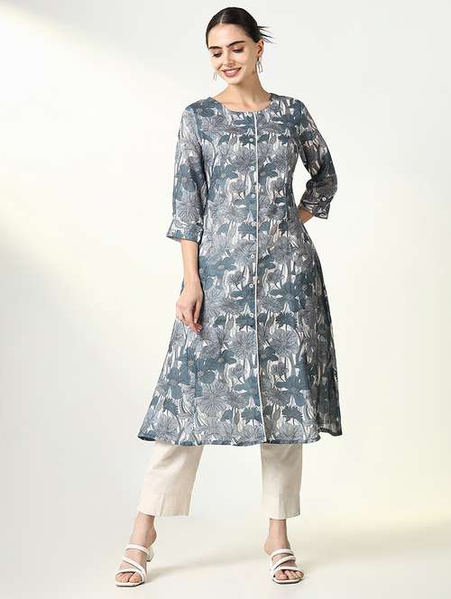 women printed roll up sleeve a-line kurta - 21661543 -  Standard Image - 0