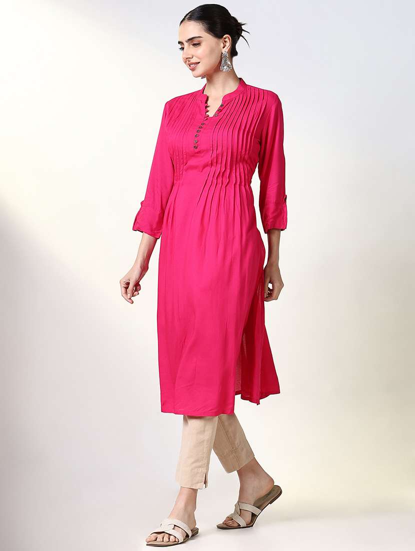 women solid roll up sleeve a-line kurta - 21661548 -  Standard Image - 2
