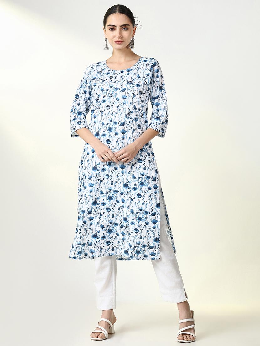 women floral printed three quarter sleeve straight kurta - 21661557 - Zoom Image - 0