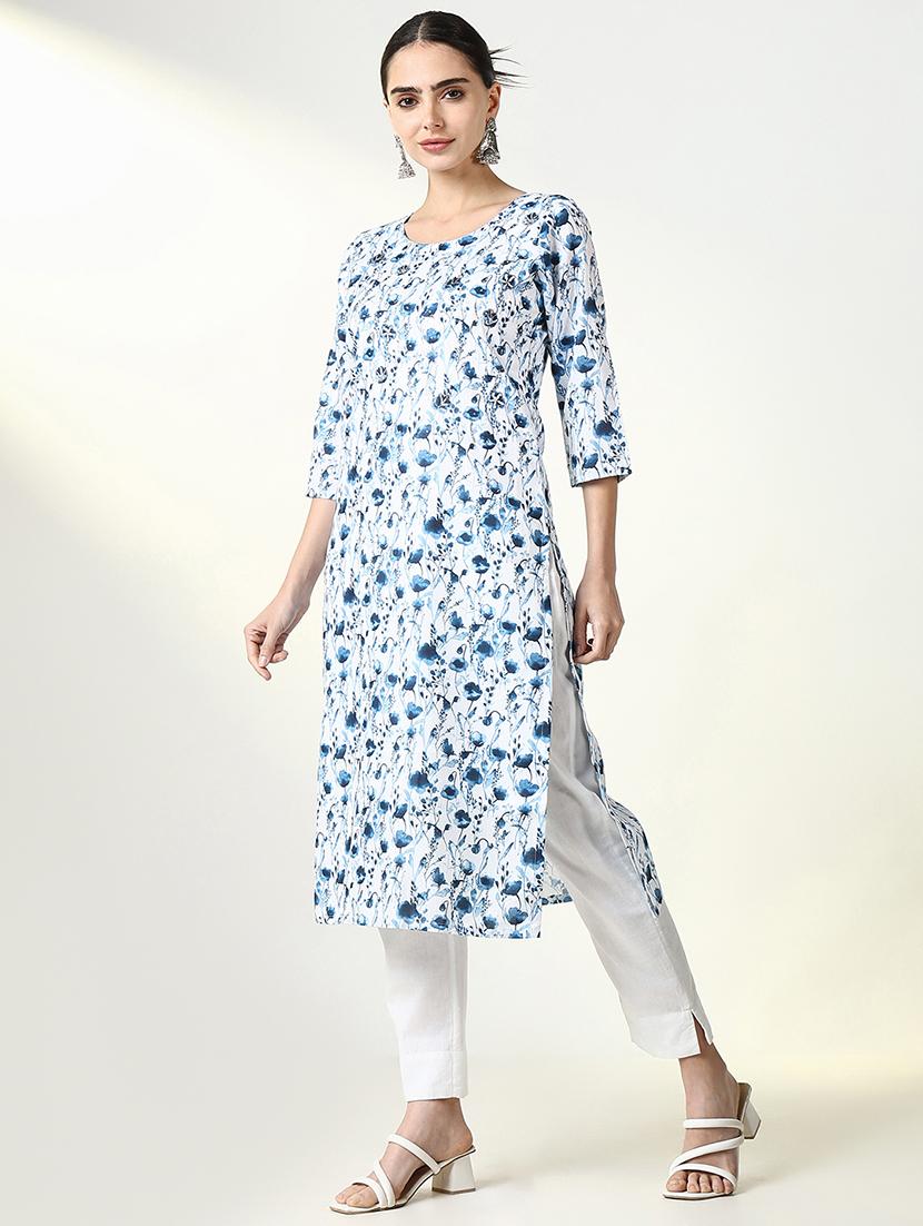 women floral printed three quarter sleeve straight kurta - 21661557 - Standard Image - 2