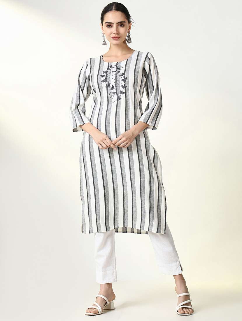 women striped three quarter sleeve straight kurta