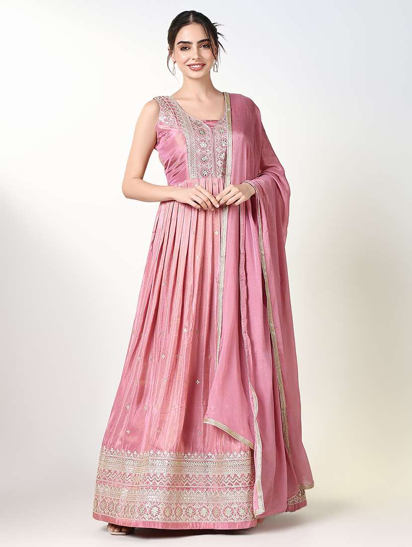 women pink embroidered anarkali kurta with dupatta