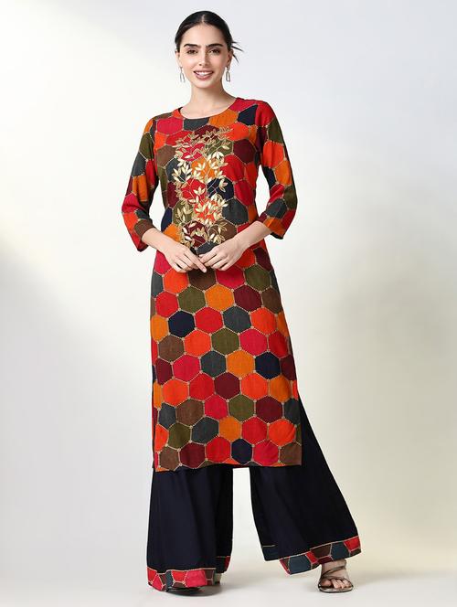 women geometric printed three quarter sleeve kurta palazzo set - 21661574 -  Standard Image - 0