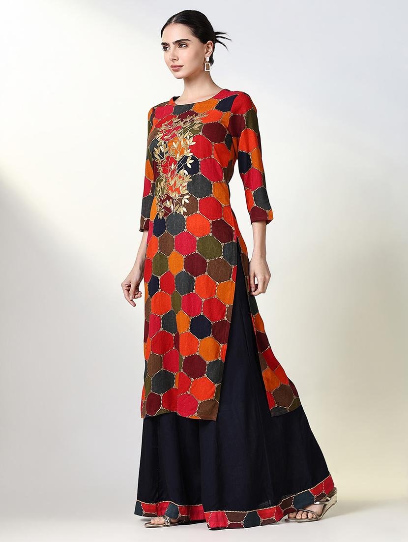 women geometric printed three quarter sleeve kurta palazzo set - 21661574 - Standard Image - 2