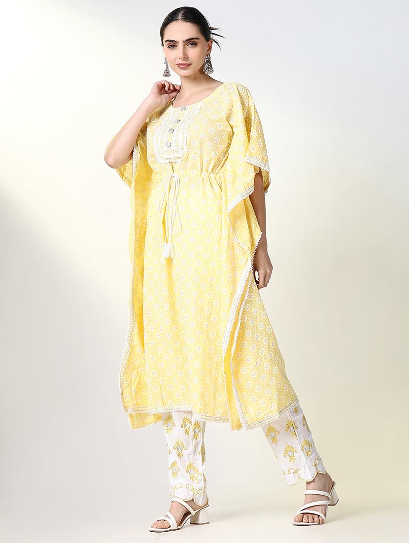women yellow printed round neck kaftan set - 21661575 - Standard Image - 2