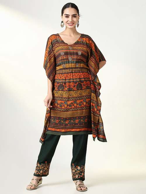 women printed kimono sleeve kaftan set - 21661576 - Standard Image - 0