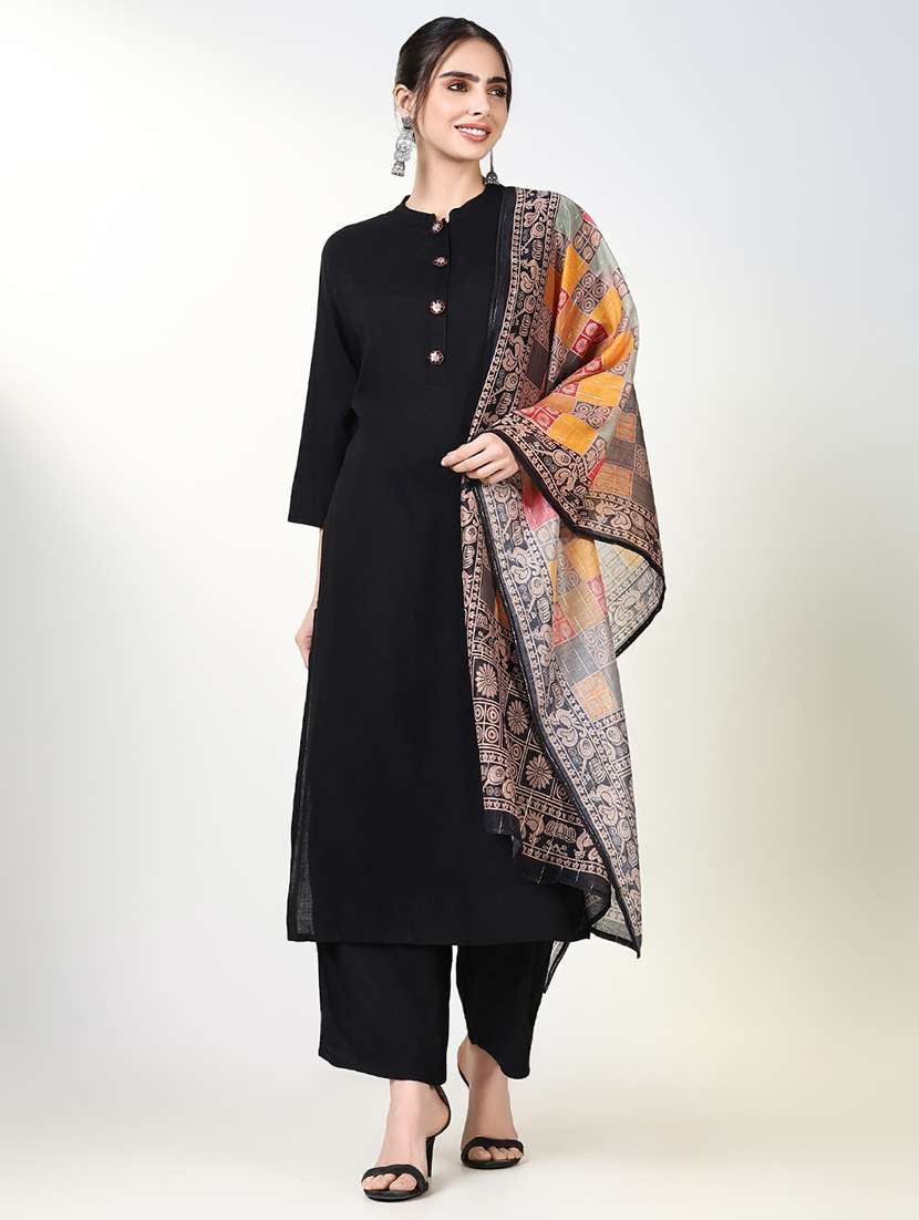 women solid mandarin neck kurta pant set with dupatta