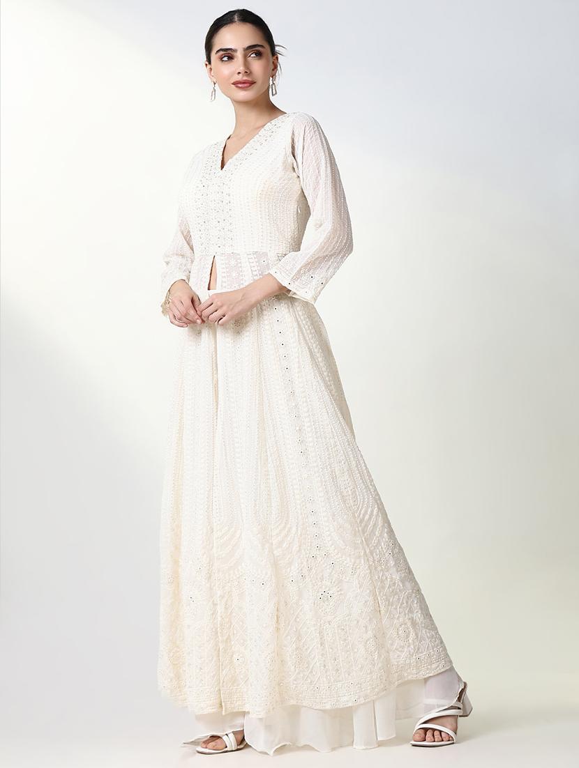 women white embroidered v neck fusion set - 21661614 - Standard Image - 2