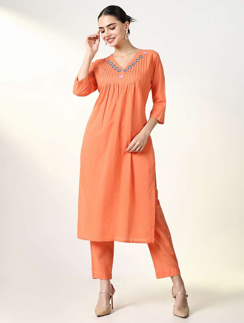 women orange three quarter sleeve kurta pant set