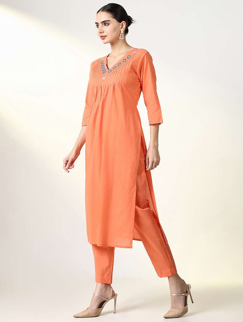 women orange three quarter sleeve kurta pant set - 21661622 - Standard Image - 2
