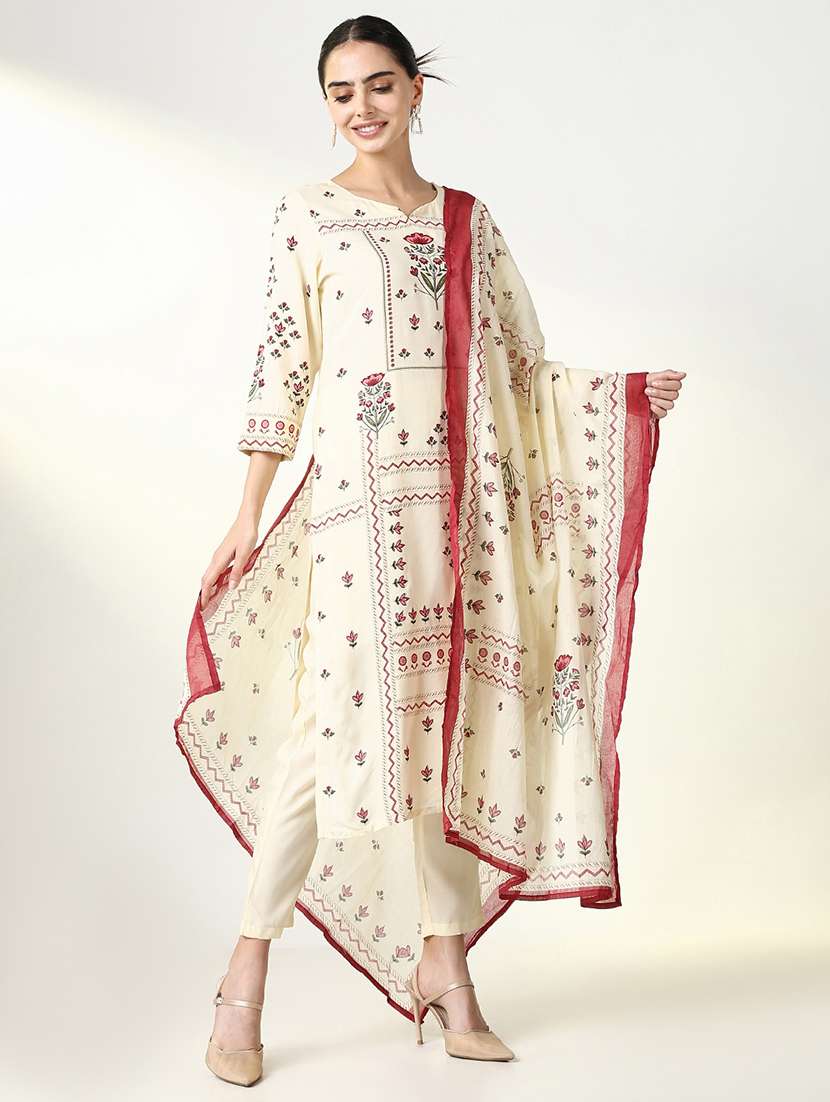 women three quarter sleeve kurta pant with dupatta set