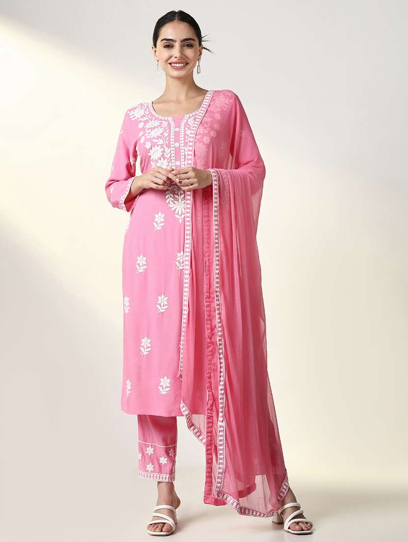 women pink long sleeve kurta pant with dupatta set