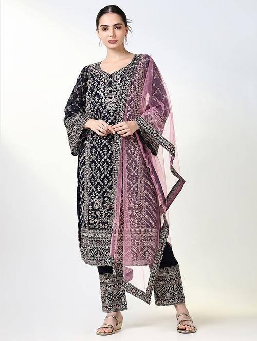women navy blue long sleeve kurta pant with dupatta set - 21661651 -  Standard Image - 0