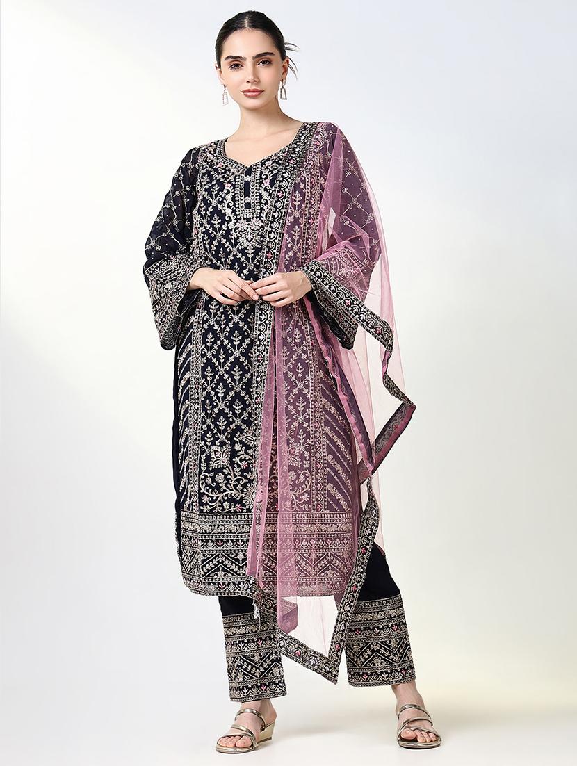 women navy blue long sleeve kurta pant with dupatta set - 21661651 -  Zoom Image - 0