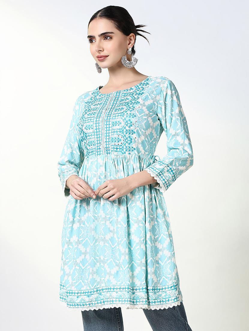 women light blue printed a-line kurti - 21661683 - Standard Image - 2