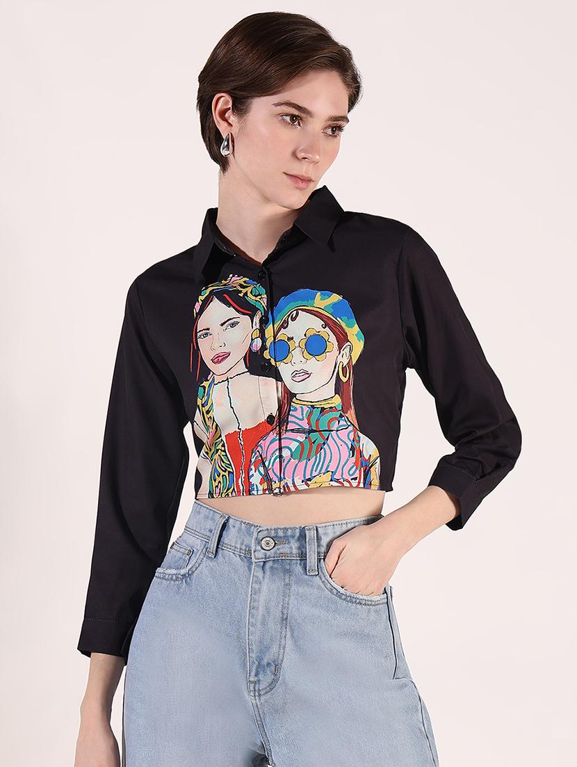 women long sleeves printed crop shirt - 21661695 - Zoom Image - 0