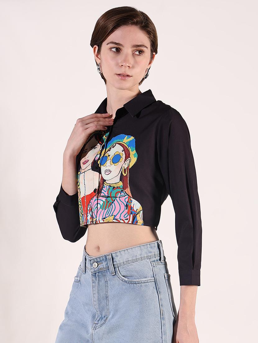 women long sleeves printed crop shirt - 21661695 - Standard Image - 2
