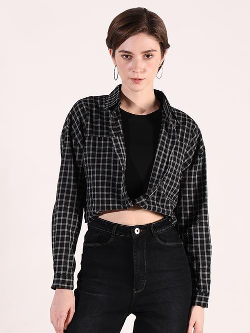 women long sleeves checkered crop shirt - 21661696 - Standard Image - 0
