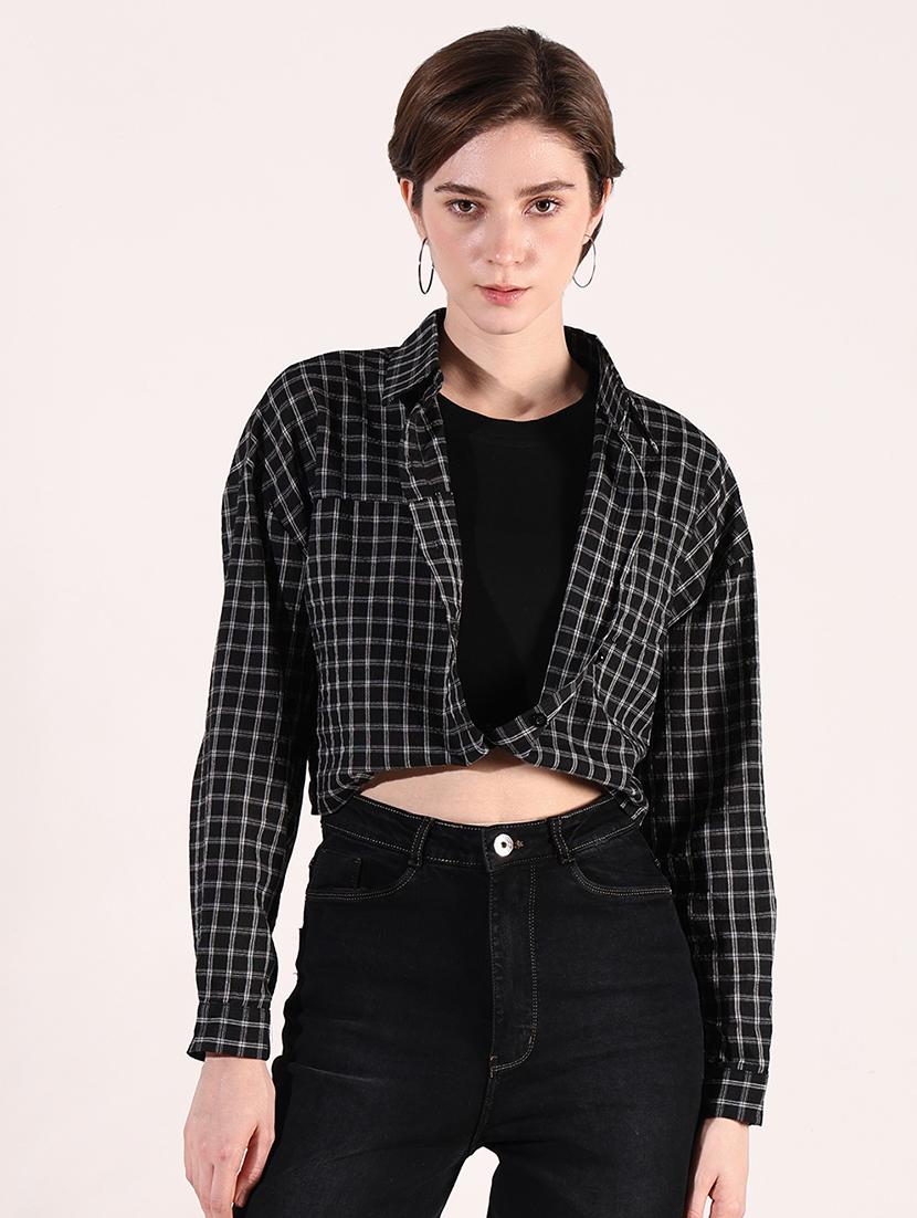 women long sleeves checkered crop shirt - 21661696 - Zoom Image - 0