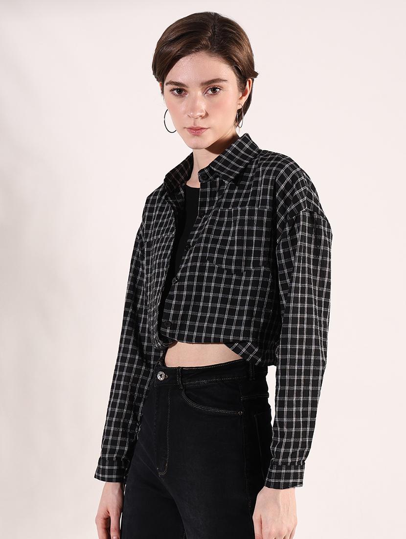 women long sleeves checkered crop shirt - 21661696 - Standard Image - 2