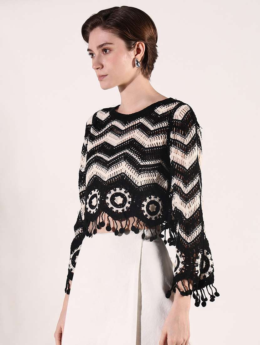 women crochet detailed long sleeves crop top - 21661749 -  Standard Image - 2