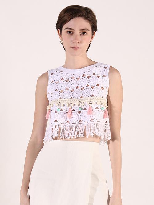 women crochet detailed long sleeves crop top - 21661754 -  Standard Image - 0