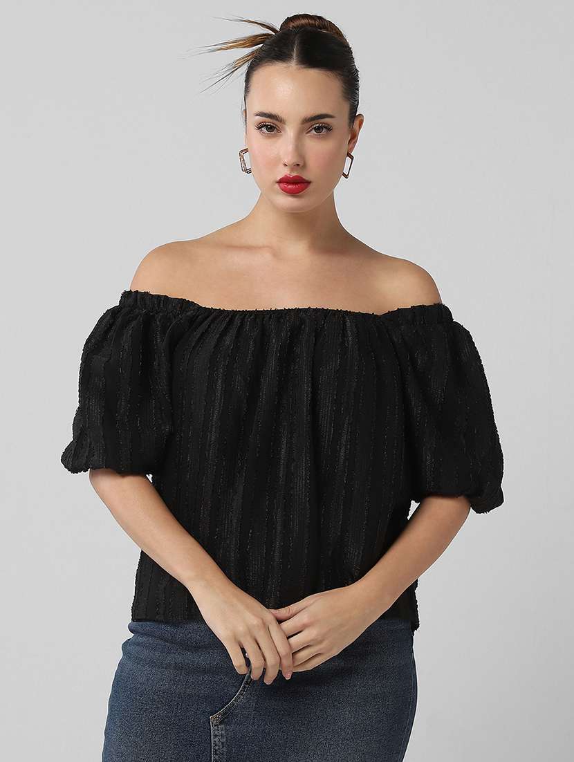women solid flared sleeves off shoulder top